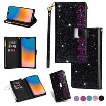 Feishell Zipper Wallet Case for Samsung Galaxy A07,Bling Glitter Fashion PU Leather Magnetic Clasp Flip ID Credit Card Slots Purse RFID Blocking Folio Phone Cover with Wrist Strap,Black