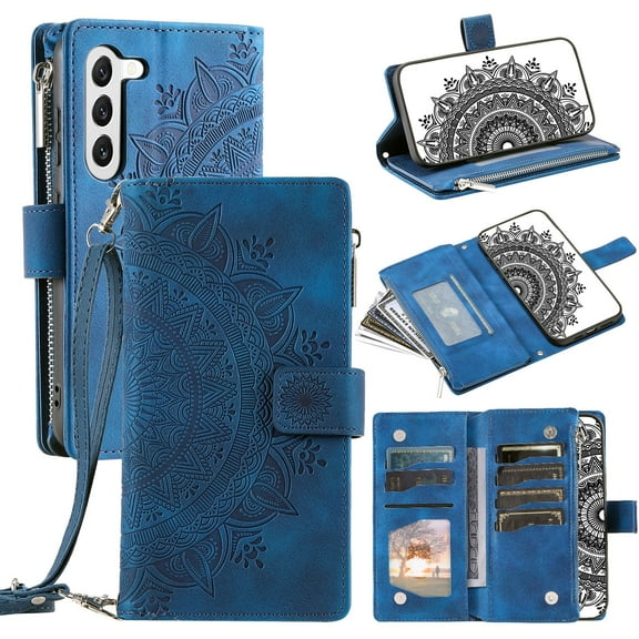 Feishell Zipper Wallet Case for Samsung Galaxy A16 5G,for Women Men,Stylish Embossed Pattern PU Leather Multi Card Slots Magnetic Clasp Flip Kickstand Crossbody Phone Case with Shoulder Strap,Blue
