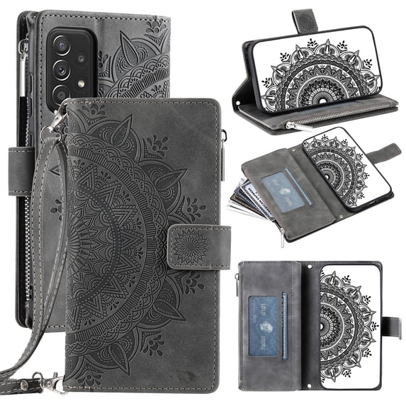 Feishell Zipper Wallet Case for Samsung Galaxy A52 4G/5G,for Women Men,Stylish Embossed Pattern PU Leather Multi Card Slots Magnetic Clasp Flip Stand Crossbody Phone Case with Shoulder Strap,Gray