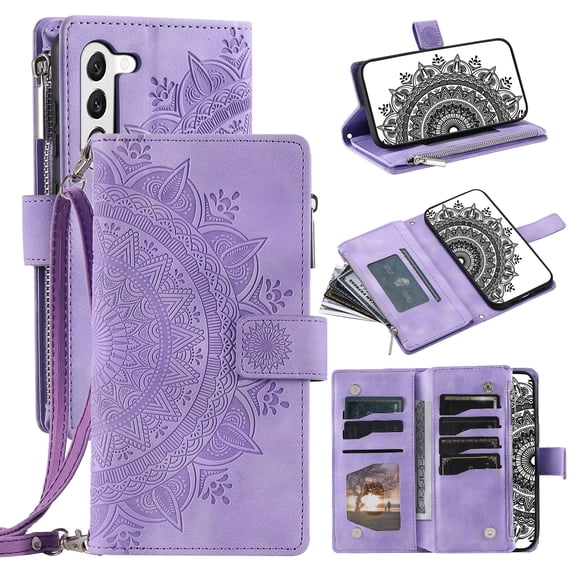 Feishell Zipper Wallet Case for Samsung Galaxy A54 5G,for Women Men,Stylish Embossed Pattern PU Leather Multi Card Slots Magnetic Clasp Flip Kickstand Crossbody Phone Case with Shoulder Strap,Purple