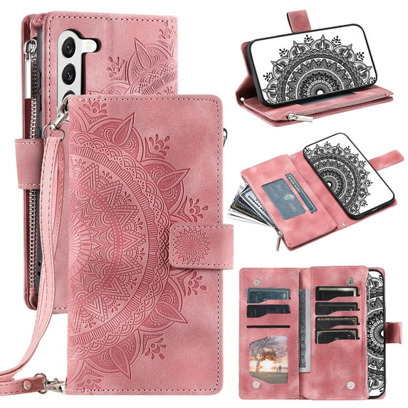 Feishell Zipper Wallet Case for Samsung Galaxy A54 5G,for Women Men,Stylish Embossed Pattern PU Leather Multi Card Slots Magnetic Clasp Flip Kickstand Crossbody Phone Case with Shoulder Strap,Pink