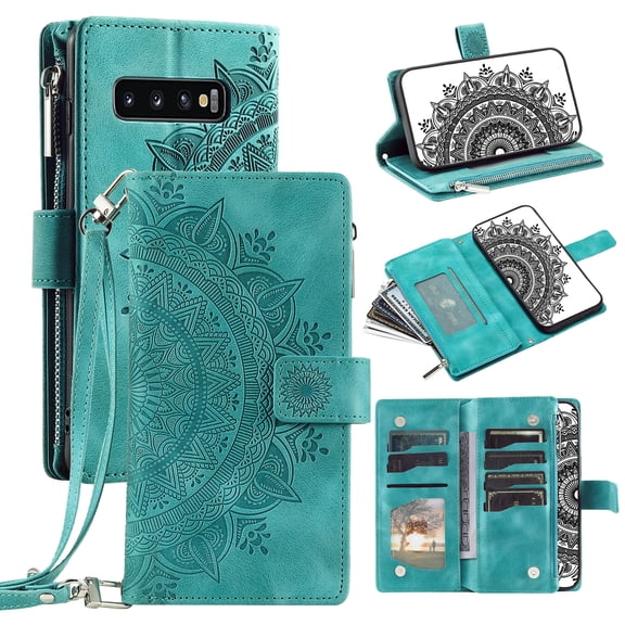 Feishell Zipper Wallet Case for Samsung Galaxy S10 Plus,for Women Men,Stylish Embossed Pattern PU Leather Multi Card Slots Magnetic Clasp Flip Kickstand Crossbody Phone Case with Shoulder Strap,Green