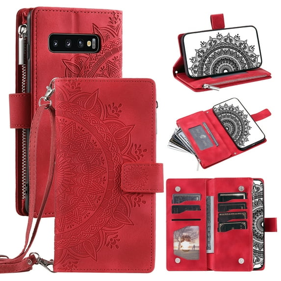 Feishell Zipper Wallet Case for Samsung Galaxy S10,for Women Men,Stylish Embossed Pattern PU Leather Multi Card Slots Magnetic Clasp Flip Kickstand Crossbody Phone Case with Shoulder Strap,Red