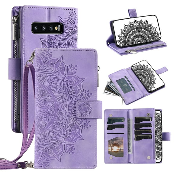 Feishell Zipper Wallet Case for Samsung Galaxy S10E,for Women Men,Stylish Embossed Pattern PU Leather Multi Card Slots Magnetic Clasp Flip Kickstand Crossbody Phone Case with Shoulder Strap,Purple