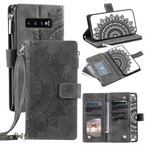 Feishell Zipper Wallet Case for Samsung Galaxy S10E,for Women Men,Stylish Embossed Pattern PU Leather Multi Card Slots Magnetic Clasp Flip Kickstand Crossbody Phone Case with Shoulder Strap,Gray