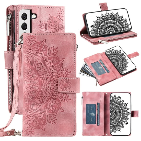 Feishell Zipper Wallet Case for Samsung Galaxy S21,for Women Men,Stylish Embossed Pattern PU Leather Multi Card Slots Magnetic Clasp Flip Kickstand Crossbody Phone Case with Shoulder Strap,Pink