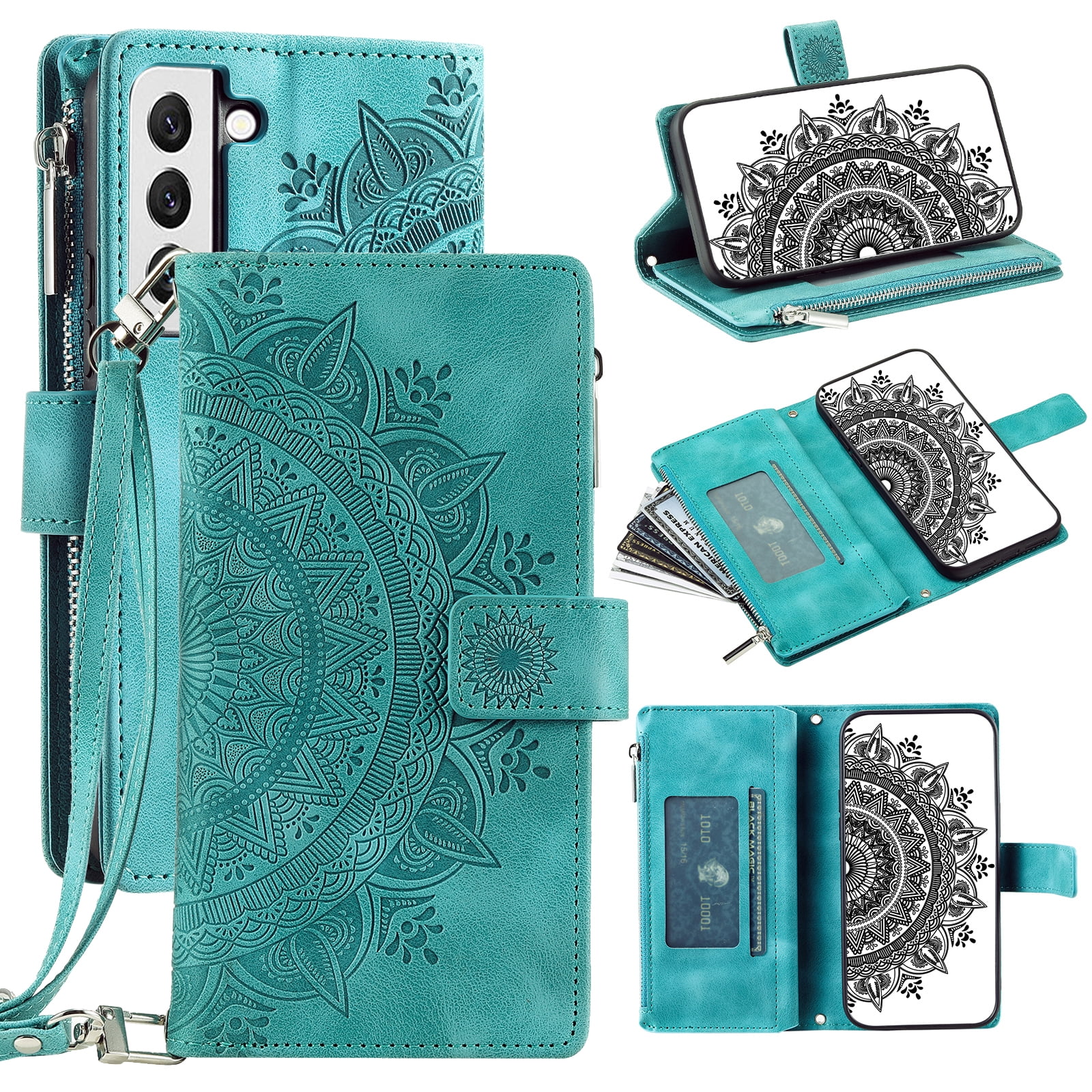Feishell Zipper Wallet Case for Samsung Galaxy S22 5G,for Women Men,Stylish Embossed Pattern PU Leather Multi Card Slots Magnetic Clasp Flip Kickstand Crossbody Phone Case with Shoulder Strap,Green