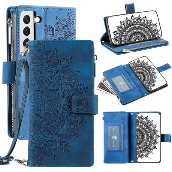 Feishell Zipper Wallet Case for Samsung Galaxy S22 5G,for Women Men,Stylish Embossed Pattern PU Leather Multi Card Slots Magnetic Clasp Flip Kickstand Crossbody Phone Case with Shoulder Strap,Blue