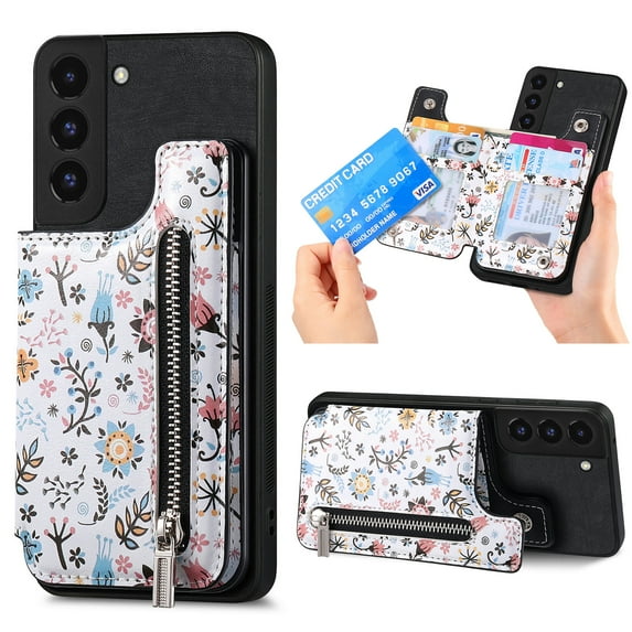Feishell Zipper Wallet Case for Samsung Galaxy S22 with Card Holder, Floral Flower Pattern PU Leather Phone Case for Women Girls, RFID Blocking & Kickstand Shockproof Protection Cover, Black