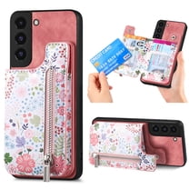 Feishell Zipper Wallet Case for Samsung Galaxy S22 with Card Holder, Floral Flower Pattern PU Leather Phone Case for Women Girls, RFID Blocking & Kickstand Shockproof Protection Cover, Pink