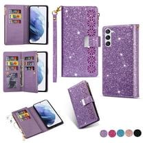 Feishell Zipper Wallet Case for Samsung Galaxy S23 Plus,Bling Glitter Fashion PU Leather Magnetic Clasp Flip ID Credit Card Slots Purse Folio Phone Cover with Wrist Strap,Purple
