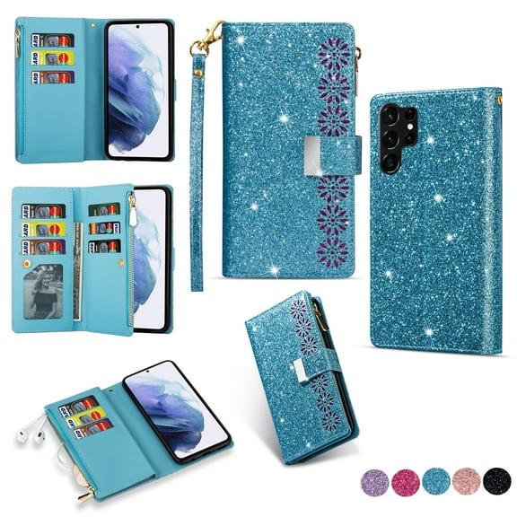 Feishell Zipper Wallet Case for Samsung Galaxy S23 Ultra,Bling Glitter Fashion PU Leather Magnetic Clasp Flip ID Credit Card Slots Purse Folio Phone Cover with Wrist Strap,Skyblue