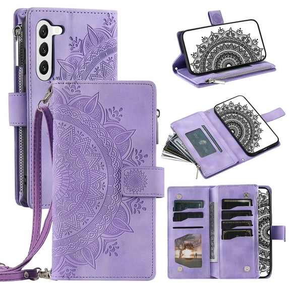 Feishell Zipper Wallet Case for Samsung Galaxy S23,for Women Men,Stylish Embossed Pattern PU Leather Multi Card Slots Magnetic Clasp Flip Kickstand Crossbody Phone Case with Shoulder Strap,Purple