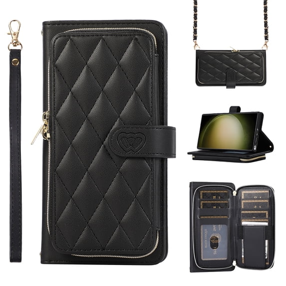 Feishell Zipper Wallet Case for Samsung Galaxy S24 Ultra, PU Leather Card Holder Crossbody Case with Chain Strap and Wrist Strap for Women Girls, Shockproof Full Body Protection Stand Cover, Black