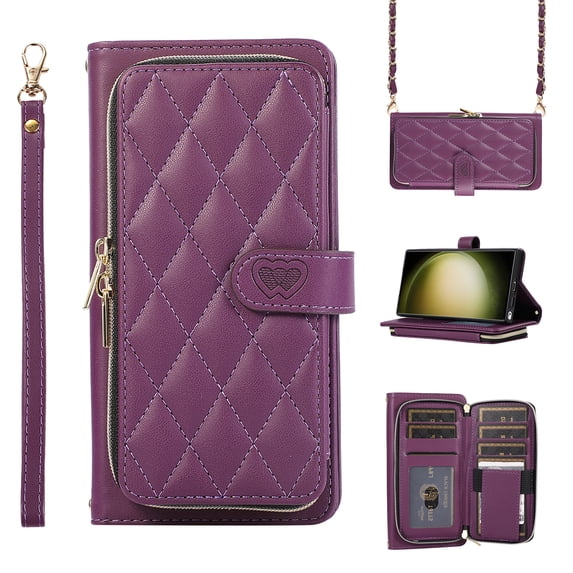 Feishell Zipper Wallet Case for Samsung Galaxy S24 Ultra, PU Leather Card Holder Crossbody Case with Chain Strap and Wrist Strap for Women Girls, Shockproof Full Body Protection Stand Cover,Darkpurple