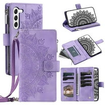 Feishell Zipper Wallet Case for Samsung Galaxy S24,for Women Men,Stylish Embossed Pattern PU Leather Multi Card Slots Magnetic Clasp Flip Kickstand Crossbody Phone Case with Shoulder Strap,Purple