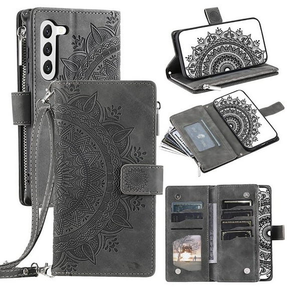 Feishell Zipper Wallet Case for Samsung Galaxy S24,for Women Men,Stylish Embossed Pattern PU Leather Multi Card Slots Magnetic Clasp Flip Kickstand Crossbody Phone Case with Shoulder Strap,Gray