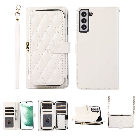 Feishell Zipper Wallet Case for Samsung Galaxy S25, PU Leather Card Holder Crossbody Case with Chain Strap and Wrist Strap for Women Girls, Shockproof Full Body Protection Stand Cover, White
