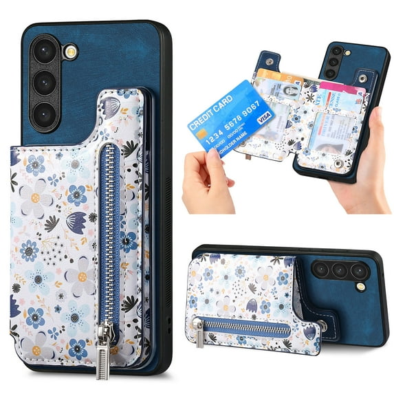Feishell Zipper Wallet Case for Samsung Galaxy S25 Plus with Card Holder, Floral Flower Pattern PU Leather Phone Case for Women Girls, RFID Blocking & Kickstand Shockproof Protection Cover, Blue