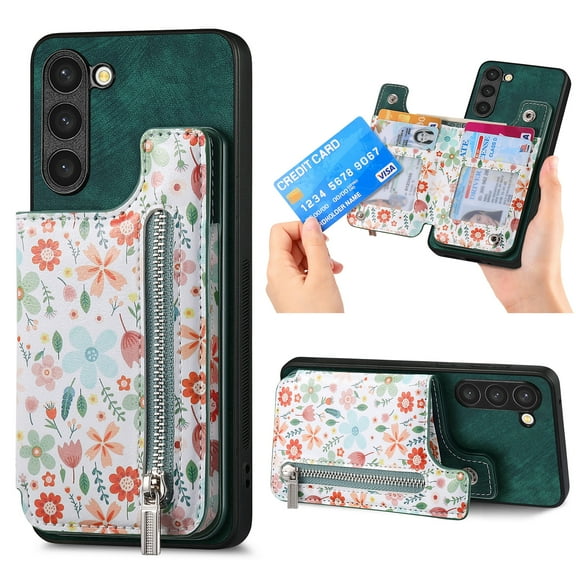 Feishell Zipper Wallet Case for Samsung Galaxy S25 Plus with Card Holder, Floral Flower Pattern PU Leather Phone Case for Women Girls, RFID Blocking & Kickstand Shockproof Protection Cover, Green