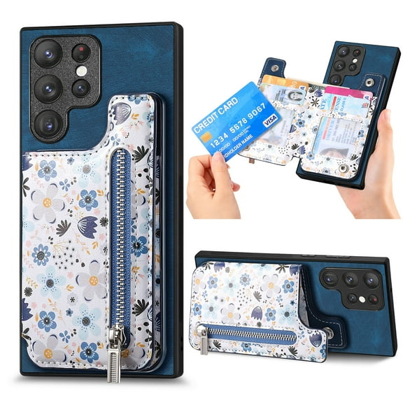 Feishell Zipper Wallet Case for Samsung Galaxy S25 Ultra with Card Holder, Floral Flower Pattern PU Leather Phone Case for Women Girls, RFID Blocking & Kickstand Shockproof Protection Cover, Blue