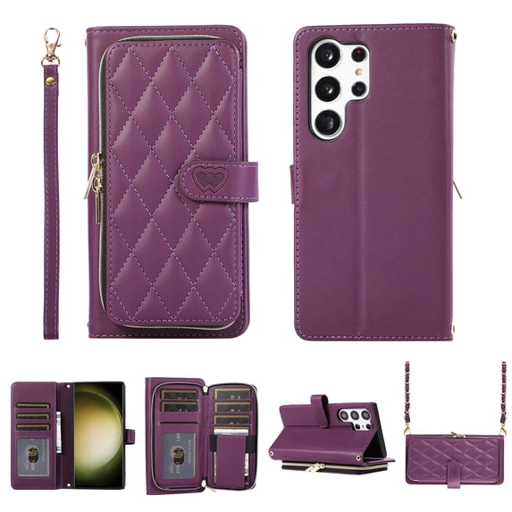 Feishell Zipper Wallet Case for Samsung Galaxy S25 Ultra, PU Leather Card Holder Crossbody Case with Chain Strap and Wrist Strap for Women Girls, Shockproof Full Body Protection Stand Cover,Darkpurple