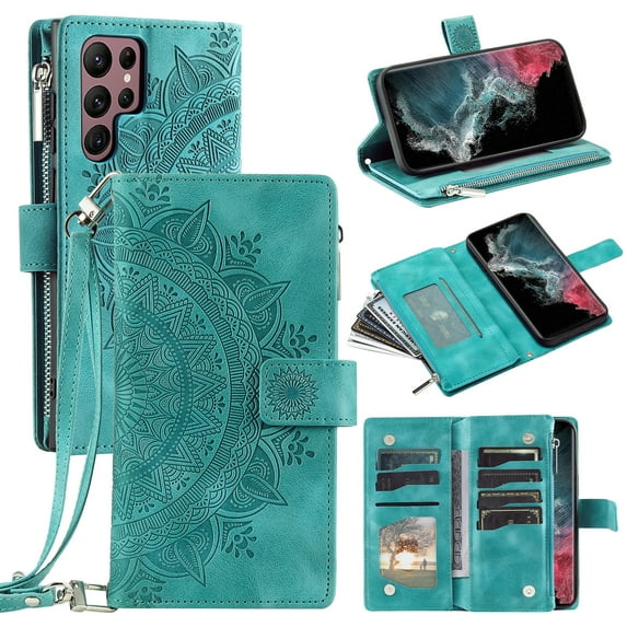 Feishell Zipper Wallet Case for Samsung Galaxy S25 Ultra,for Women Men,Stylish Embossed Pattern PU Leather Multi Card Slots Magnetic Clasp Flip Kickstand Crossbody Case with Shoulder Strap,Green