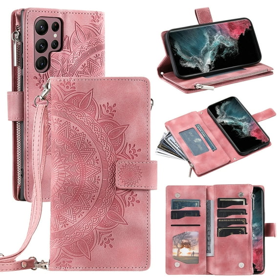 Feishell Zipper Wallet Case for Samsung Galaxy S25 Ultra,for Women Men,Stylish Embossed Pattern PU Leather Multi Card Slots Magnetic Clasp Flip Kickstand Crossbody Case with Shoulder Strap,Pink