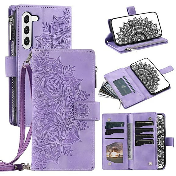 Feishell Zipper Wallet Case for Samsung Galaxy S25,for Women Men,Stylish Embossed Pattern PU Leather Multi Card Slots Magnetic Clasp Flip Kickstand Crossbody Phone Case with Shoulder Strap,Purple