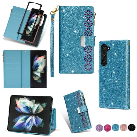 Feishell Zipper Wallet Case for Samsung Galaxy Z Fold 6,Bling Glitter Fashion PU Leather Magnetic Clasp Flip ID Credit Card Slots Purse Folio Phone Cover with Wrist Strap,Skyblue
