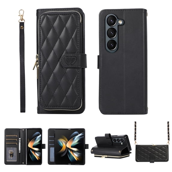 Feishell Zipper Wallet Case for Samsung Galaxy Z Fold5, PU Leather Card Holder Crossbody Case with Chain Strap / Wrist Strap for Women Girls, Shockproof Full Body Protection Stand Cover, Black