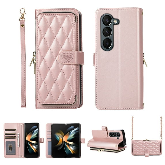 Feishell Zipper Wallet Case for Samsung Galaxy Z Fold5, PU Leather Card Holder Crossbody Case with Chain Strap / Wrist Strap for Women Girls, Shockproof Full Body Protection Stand Cover, Rosegold