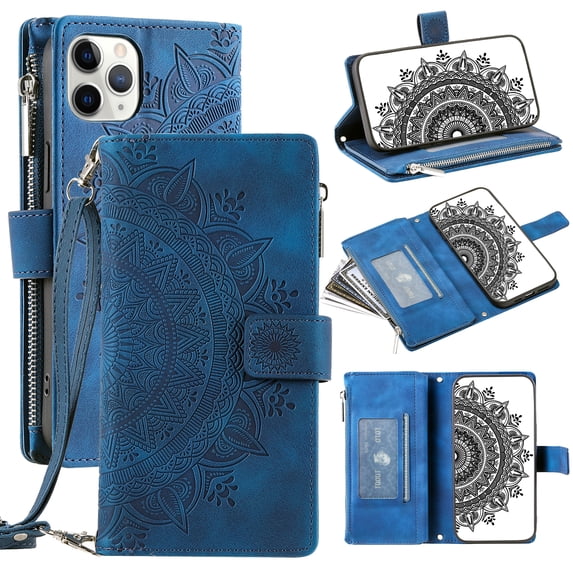 Feishell Zipper Wallet Case for iPhone 11 Pro,for Women Men,Stylish Embossed Pattern PU Leather Multi Card Slots Magnetic Clasp Flip Kickstand Crossbody Phone Case with Shoulder Strap,Blue