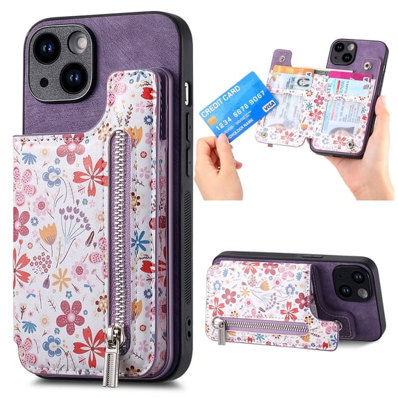 Feishell Zipper Wallet Case for iPhone 12 with Card Holder, Floral Flower Pattern PU Leather Phone Case for Women Girls, RFID Blocking & Kickstand Shockproof Protection Cover, Purple