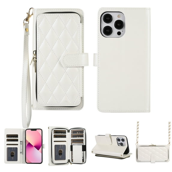 Feishell Zipper Wallet Case for iPhone 12 Pro Max, PU Leather Card Holder Crossbody Case with Chain Strap / Wrist Strap for Women Girls, Shockproof Full Body Protection Stand Cover, White