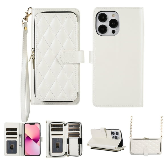 Feishell Zipper Wallet Case for iPhone 12 Pro Max, PU Leather Card Holder Crossbody Case with Chain Strap / Wrist Strap for Women Girls, Shockproof Full Body Protection Stand Cover, White