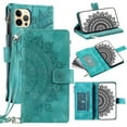 thumbnail image 1 of Feishell Zipper Wallet Case for iPhone 12 Pro Max,for Women Men,Stylish Embossed Pattern PU Leather Multi Card Slots Magnetic Clasp Flip Kickstand Crossbody Phone Case with Shoulder Strap,Green, 1 of 10