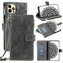 Feishell Zipper Wallet Case for iPhone 12 Pro Max,for Women Men,Stylish Embossed Pattern PU Leather Multi Card Slots Magnetic Clasp Flip Kickstand Crossbody Phone Case with Shoulder Strap,Gray