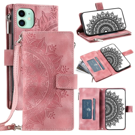Feishell Zipper Wallet Case for iPhone 12 mini,for Women Men,Stylish Embossed Pattern PU Leather Multi Card Slots Magnetic Clasp Flip Kickstand Crossbody Phone Case with Shoulder Strap,Pink