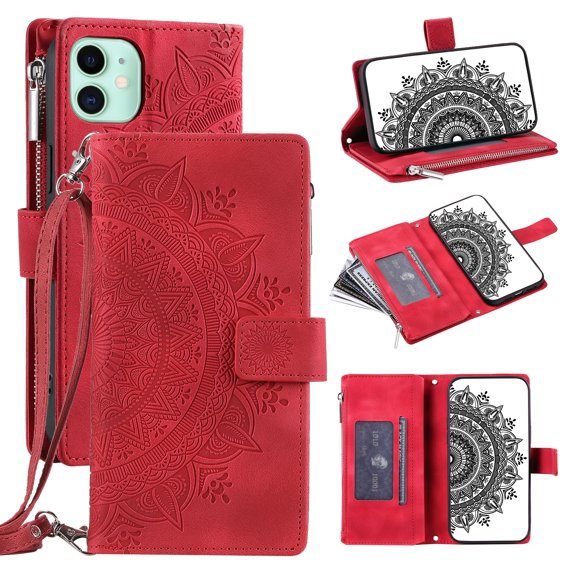 Feishell Zipper Wallet Case for iPhone 12 mini,for Women Men,Stylish Embossed Pattern PU Leather Multi Card Slots Magnetic Clasp Flip Kickstand Crossbody Phone Case with Shoulder Strap,Red