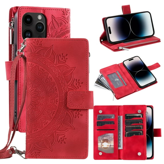 Feishell Zipper Wallet Case for iPhone 13 Pro,for Women Men,Stylish Embossed Pattern PU Leather Multi Card Slots Magnetic Clasp Flip Kickstand Crossbody Phone Case with Shoulder Strap,Red