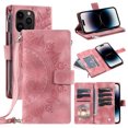 thumbnail image 1 of Feishell Zipper Wallet Case for iPhone 13 Pro,for Women Men,Stylish Embossed Pattern PU Leather Multi Card Slots Magnetic Clasp Flip Kickstand Crossbody Phone Case with Shoulder Strap,Pink, 1 of 10