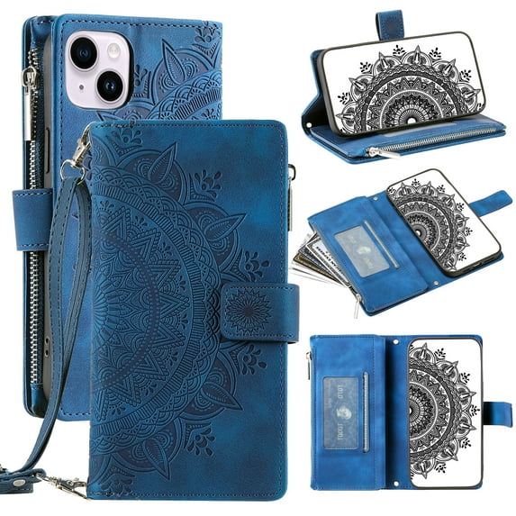 Feishell Zipper Wallet Case for iPhone 13,for Women Men,Stylish Embossed Pattern PU Leather Multi Card Slots Magnetic Clasp Flip Kickstand Crossbody Phone Case with Shoulder Strap,Blue