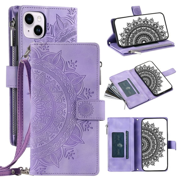 Feishell Zipper Wallet Case for iPhone 13,for Women Men,Stylish Embossed Pattern PU Leather Multi Card Slots Magnetic Clasp Flip Kickstand Crossbody Phone Case with Shoulder Strap,Purple