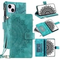 thumbnail image 1 of Feishell Zipper Wallet Case for iPhone 13,for Women Men,Stylish Embossed Pattern PU Leather Multi Card Slots Magnetic Clasp Flip Kickstand Crossbody Phone Case with Shoulder Strap,Green, 1 of 10