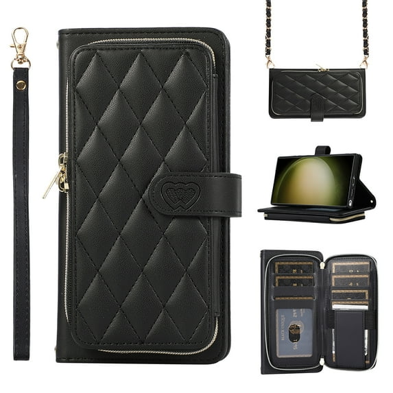 Feishell Zipper Wallet Case for iPhone 14 6.1", PU Leather Card Holder Crossbody Case with Chain Strap / Wrist Strap for Women Girls, Shockproof Full Body Protection Stand Cover, Black