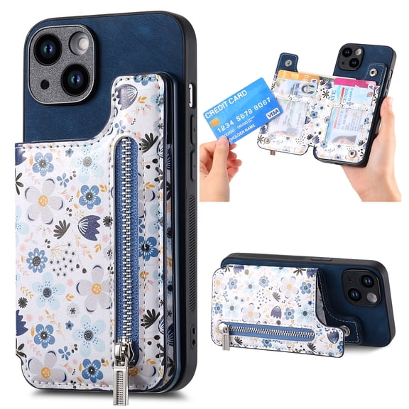 Feishell Zipper Wallet Case for iPhone 15 Pro with Card Holder, Floral Flower Pattern PU Leather Phone Case for Women Girls, RFID Blocking & Kickstand Shockproof Protection Cover, Blue