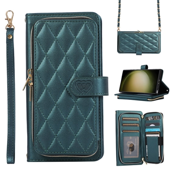 Feishell Zipper Wallet Case for iPhone 15 Pro Max 6.7", PU Leather Card Holder Crossbody Case with Chain Strap / Wrist Strap for Women Girls, Shockproof Full Body Protection Stand Cover, Darkgreen