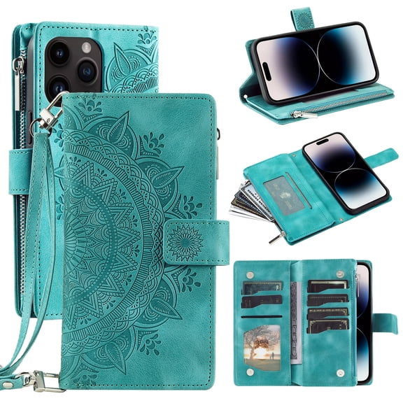 Feishell Zipper Wallet Case for iPhone 15 Pro Max,for Women Men,Stylish Embossed Pattern PU Leather Multi Card Slots Magnetic Clasp Flip Kickstand Crossbody Phone Case with Shoulder Strap,Green