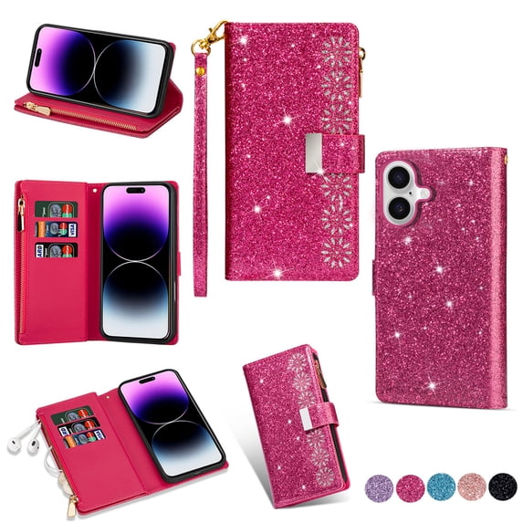 Feishell Zipper Wallet Case for iPhone 16,Bling Glitter Fashion PU Leather Magnetic Clasp Flip ID Credit Card Slots Purse Folio Kickstand Phone Cover with Wrist Strap,Rose